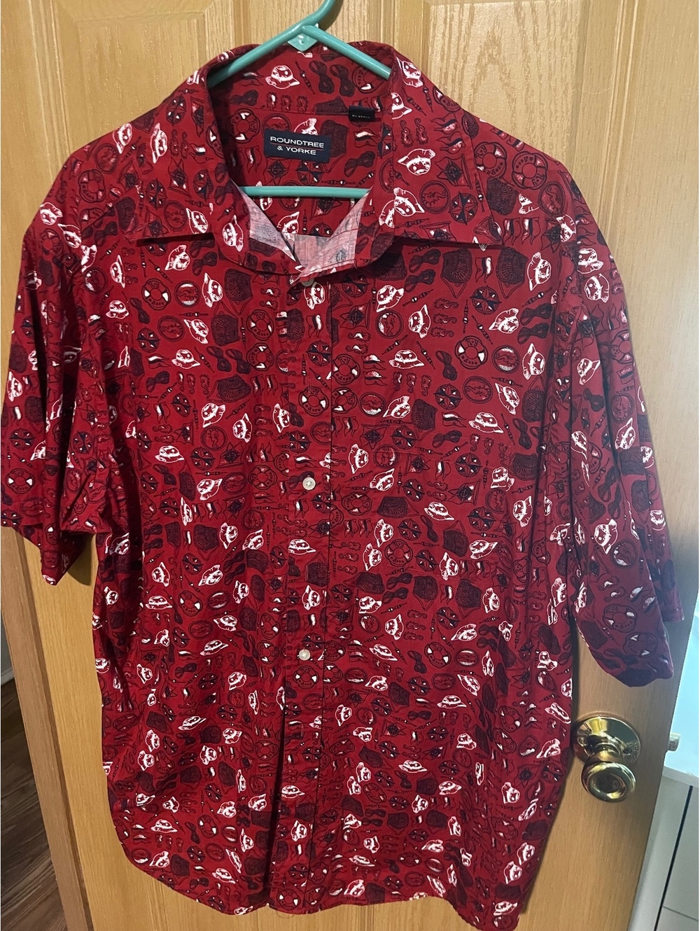 Roundtree & Yorke Red Novelty Print Button Front Short Sleeve Shirt XL tall